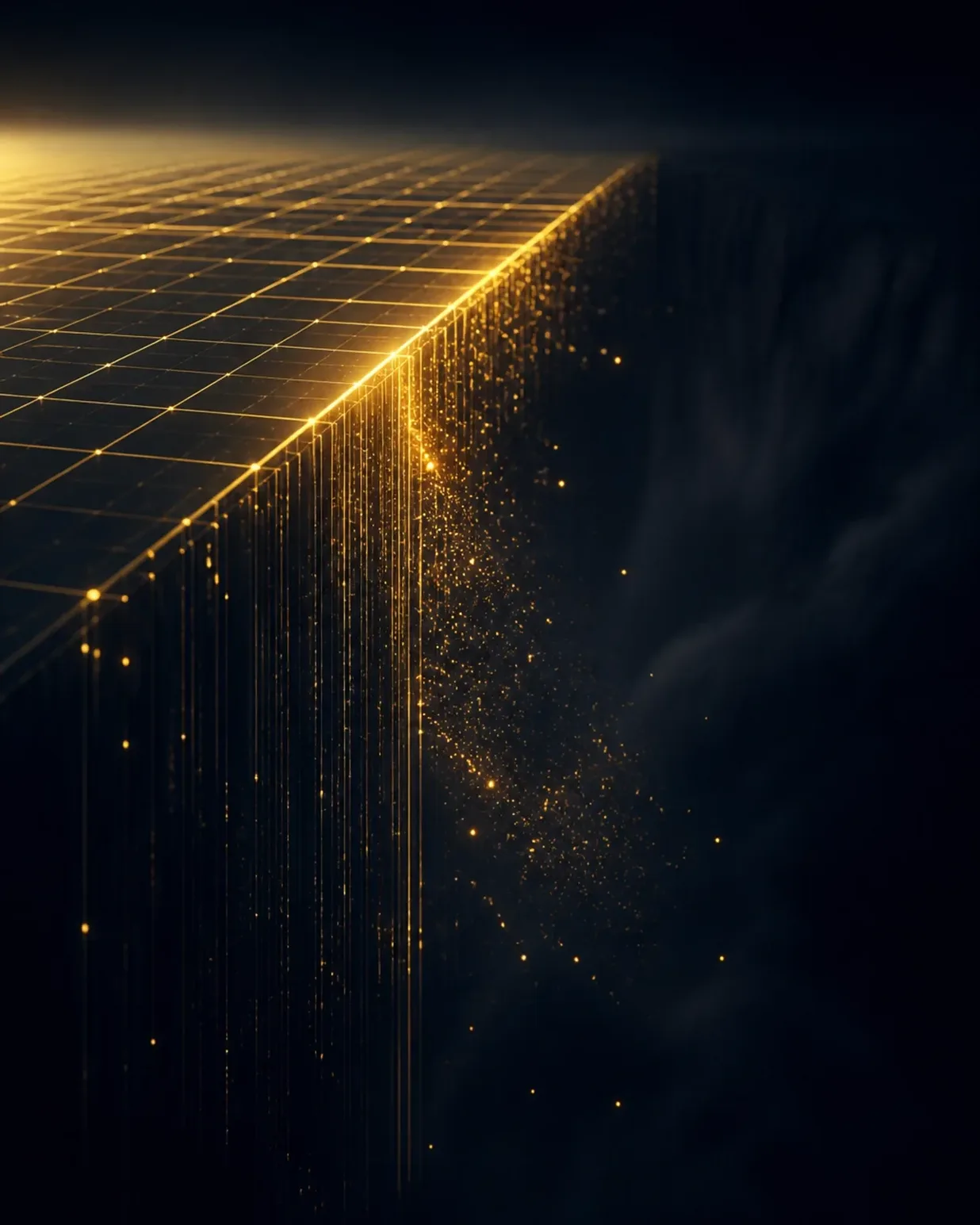 A golden data grid dissolving into scattered particles at its edge, symbolizing businesses falling out of AI visibility