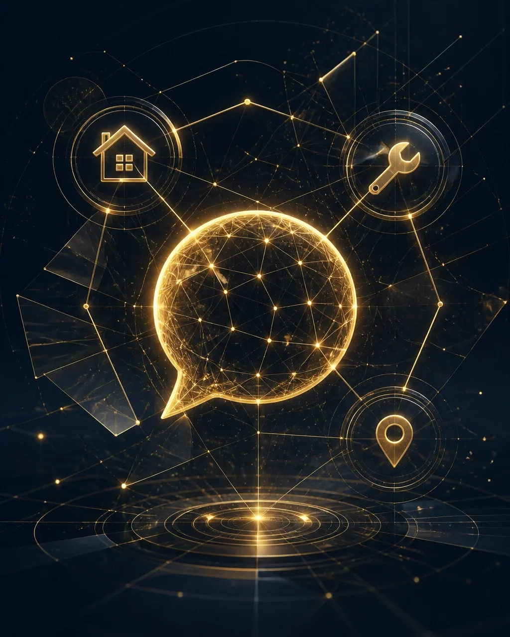 A golden conversational search network connected to abstract home, wrench, and location-pin icons, representing local service intent